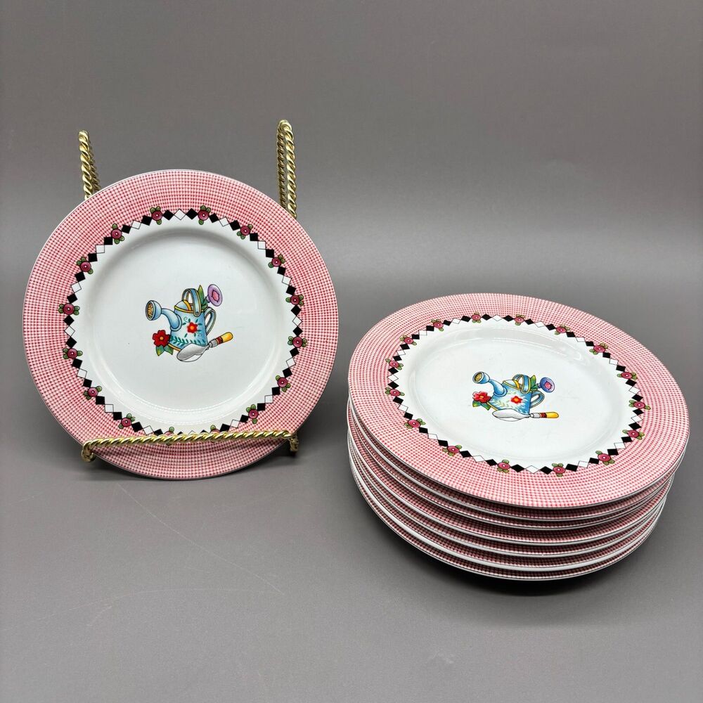 Mary Engelbreit Garden Time Sakura 8 Dessert Plates Red Gingham Floral Vintage